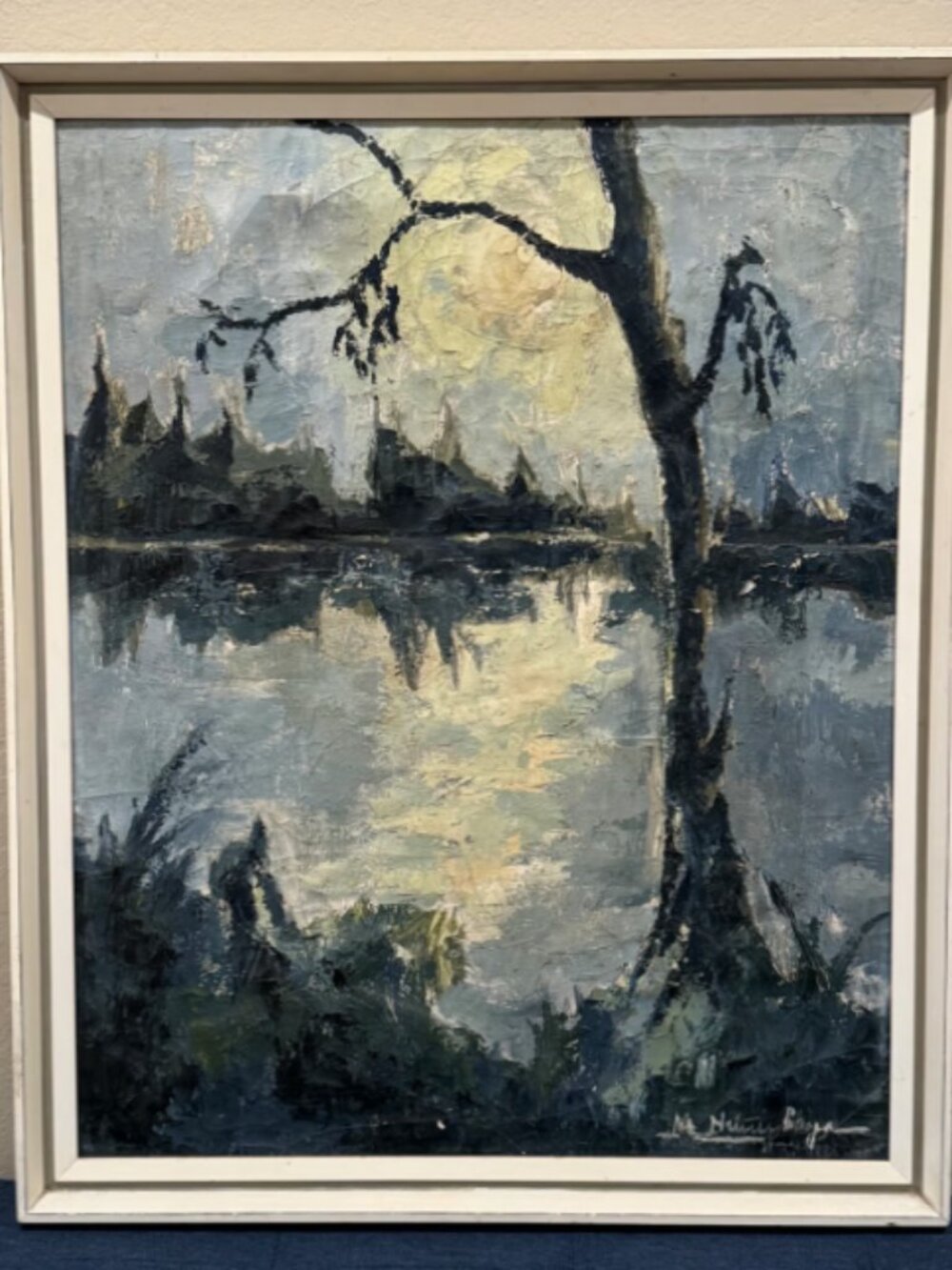 Stunning c1960 Peruvian Moonlit Lakeside Oil Painting by Maricela Nunez Borja
